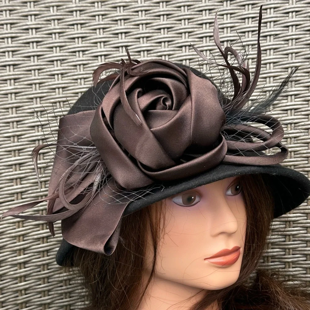 100% WOOL FELT Cloche Hat with Brown Satin Rose and Feather Detail Pretty Easter - Picture 4 of 13